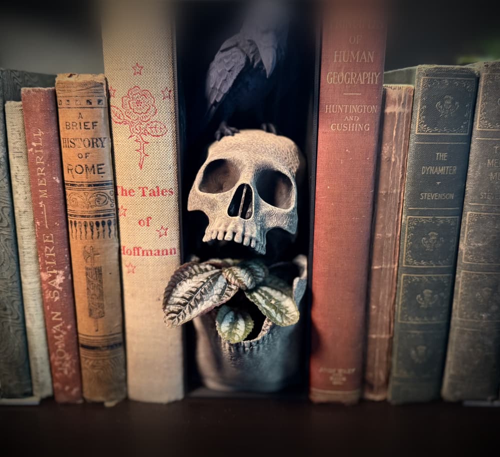 Skull and raven booknook planter.