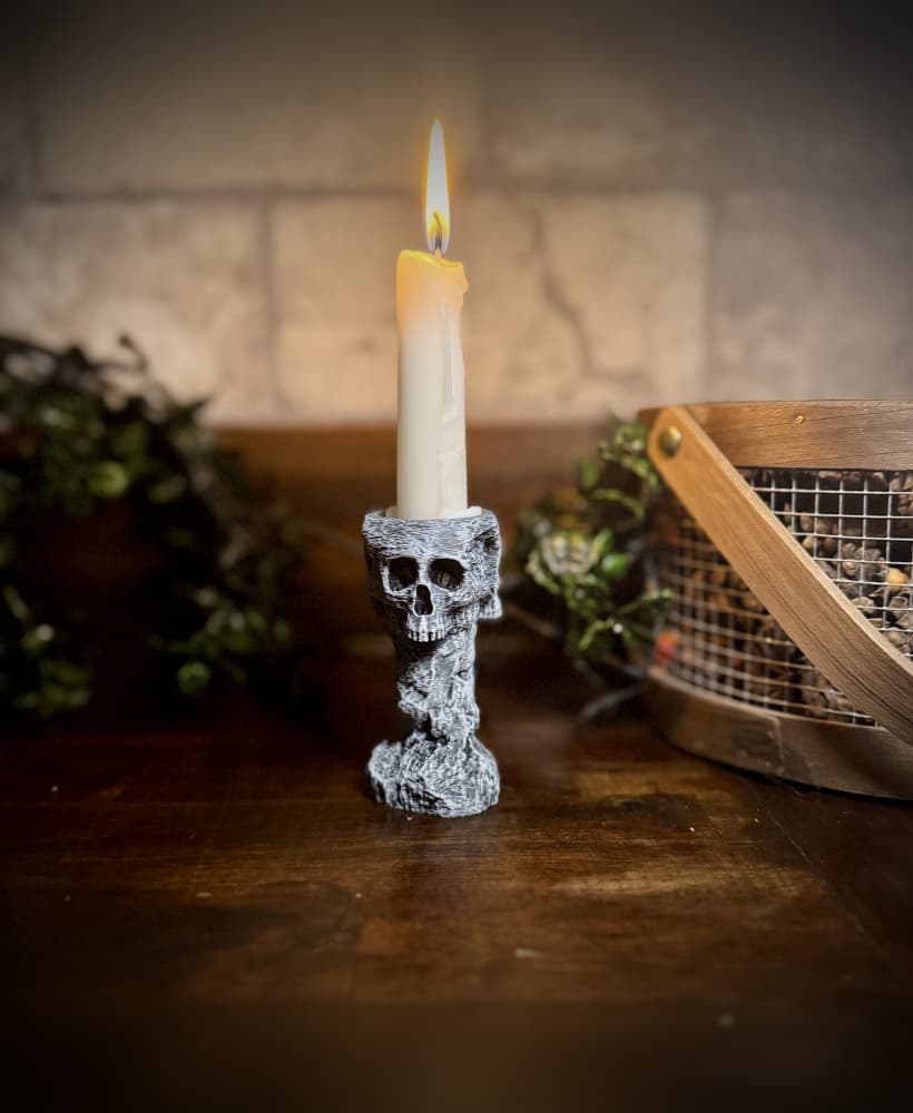 Skull and stone candlestick holder